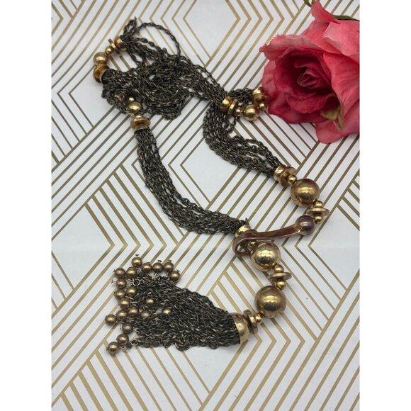 STELLA & DOT "Bianca" Lariat Gold & Bronze Tone Tassel Necklace 32" Front Hook - Picture 4 of 9